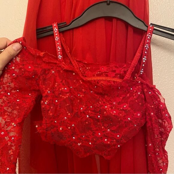 Kelle dance costume solo costume 2 piece red skirt lace crop top LC child Teen - Picture 5 of 16